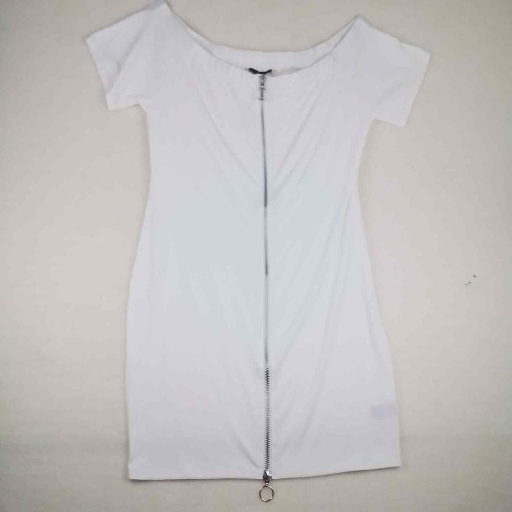 Soncy Ribbed BodyCon Dress 22 White Off Shoulder‎ Ribbed Zip Front Stretch Short